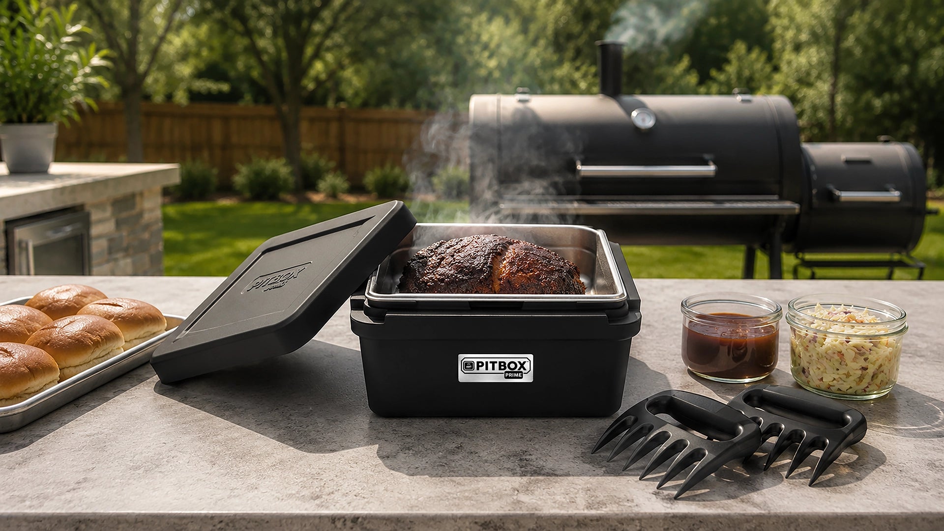 A PITBOX PRIME sitting on a stone outdoor counter. A tray of sandwich, buns to one side and two glass jars of barbecue sauce and coleslaw to the other side. In front of the barbecue and coleslaw are meat shredding claws used for pulled pork. A black offset smoker, and a grassy backyard in the background.